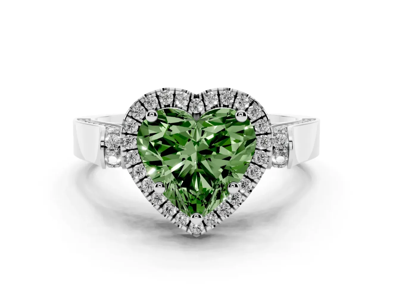 Heart-Shaped Halo Engagement Ring Setting for a Fancy Green Lab-Grown Diamond | Pointed Pave Shoulders | Platinum