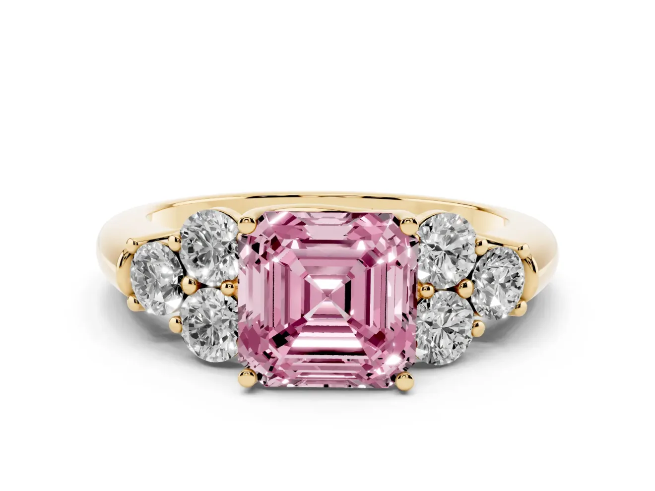 Fancy Pink Asscher Cut Diamond Cluster Ring Set in Yellow gold with Round Accent Stones and Prong Setting on a Plain Band