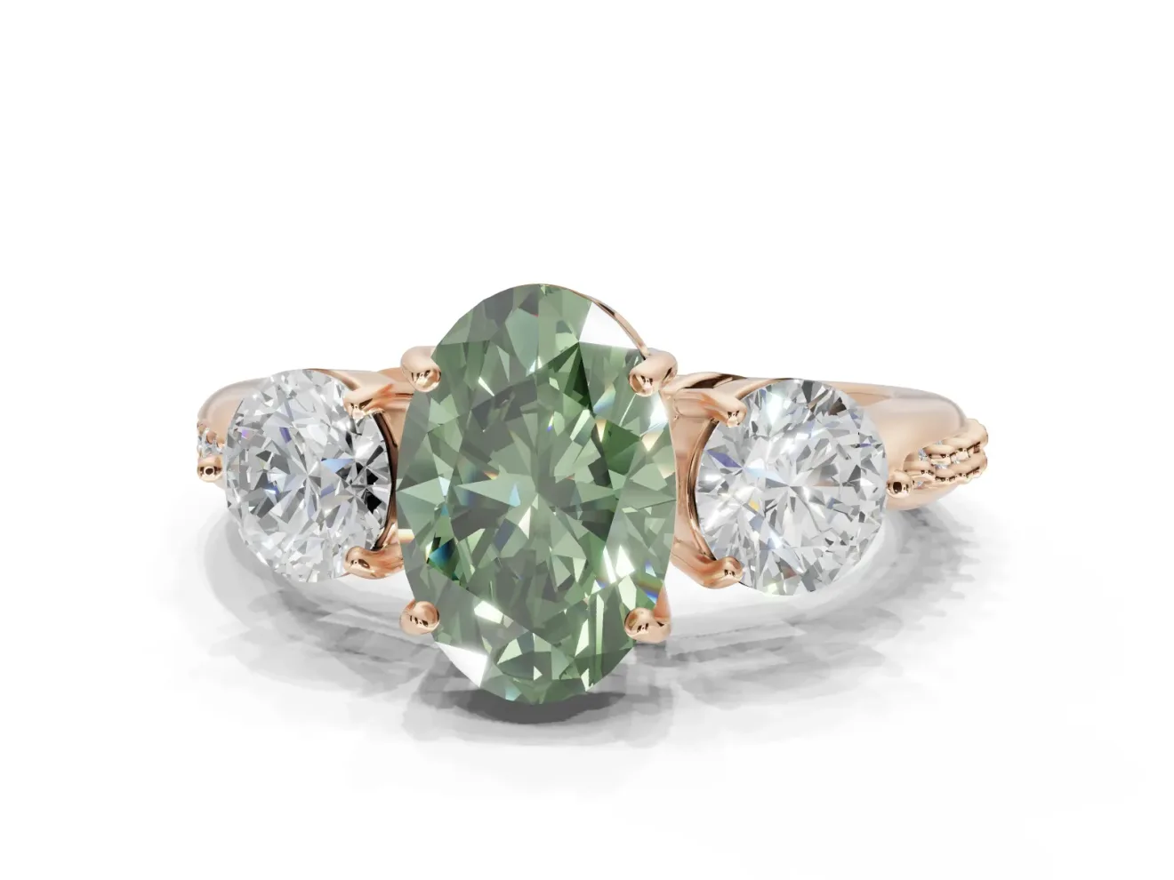Oval Three Stone Engagement Ring Setting for a Fancy Green Lab-Grown Diamond | Tapered Pave Band | Rose Gold