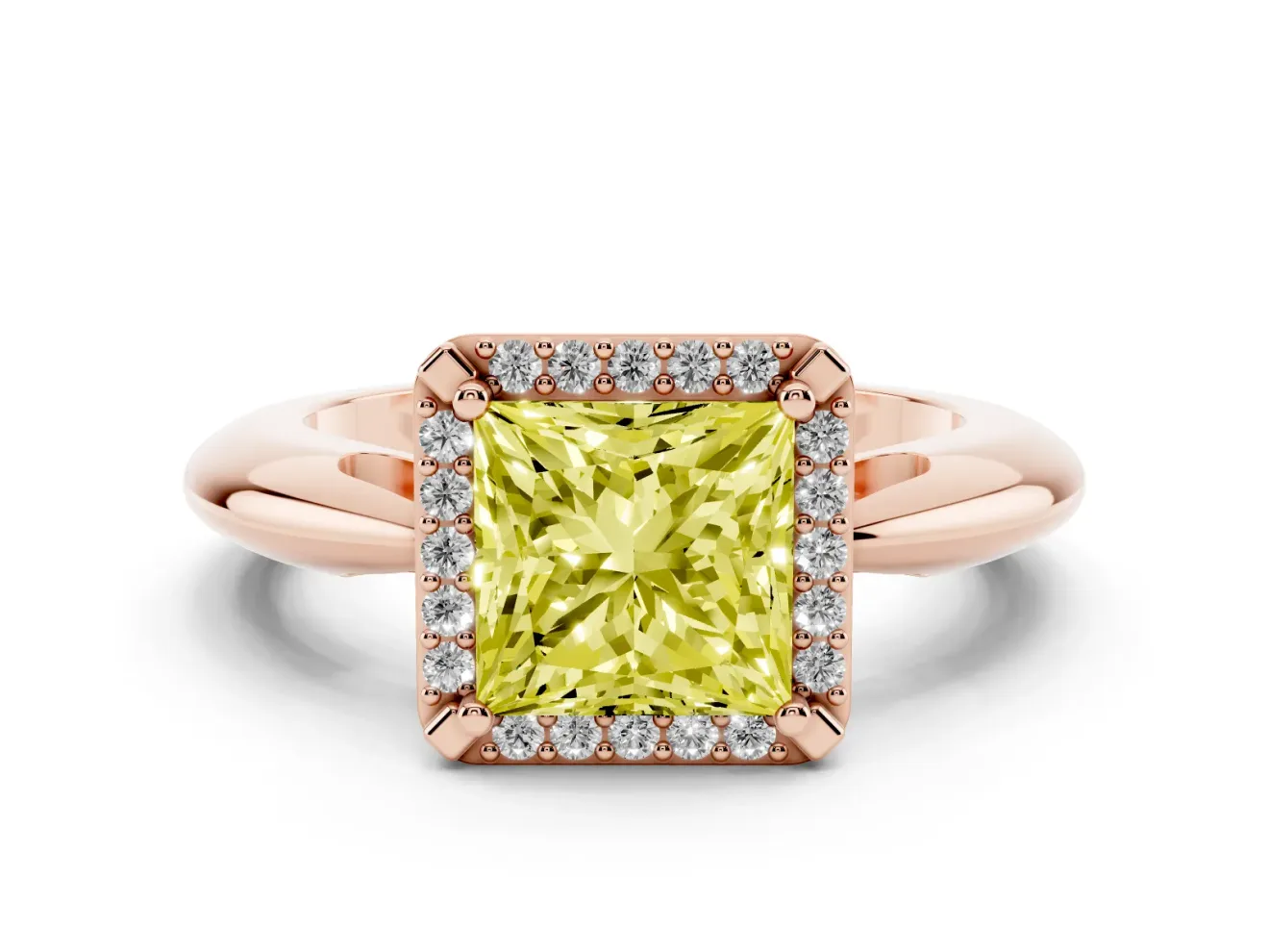 Fancy Yellow Princess Cut Diamond Halo Engagement Ring Set in Rose gold with Plain Split Shank and Prong Setting