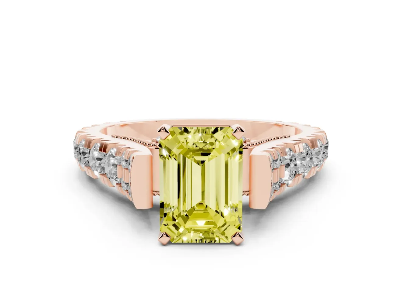 Emerald Cut Graduated Cathedral Engagement Ring Setting for a Fancy Yellow Lab-Grown Diamond | Side Stones | Rose Gold