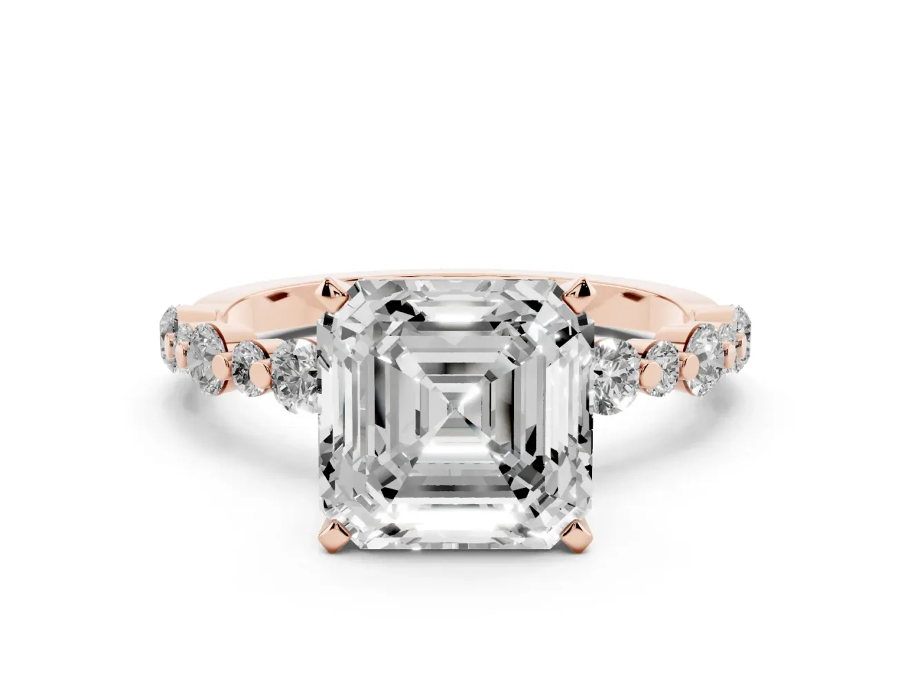 Asscher Cut Diamond Prong Set Engagement Ring Set in Rose gold with Round Accent Pavé Band