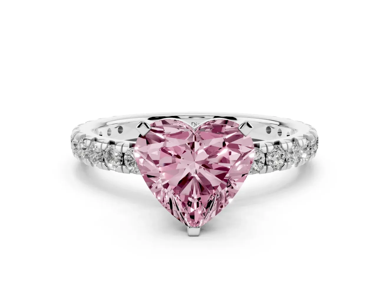 Fancy Pink Heart Cut Diamond Pavé Solitaire Ring Set in Silver with Round Band and Prong Setting