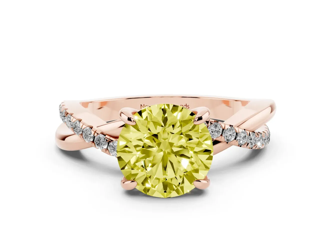Fancy Yellow Round Cut Diamond Twist Band Solitaire Set in Rose gold with Pavé Accents and Prong Setting