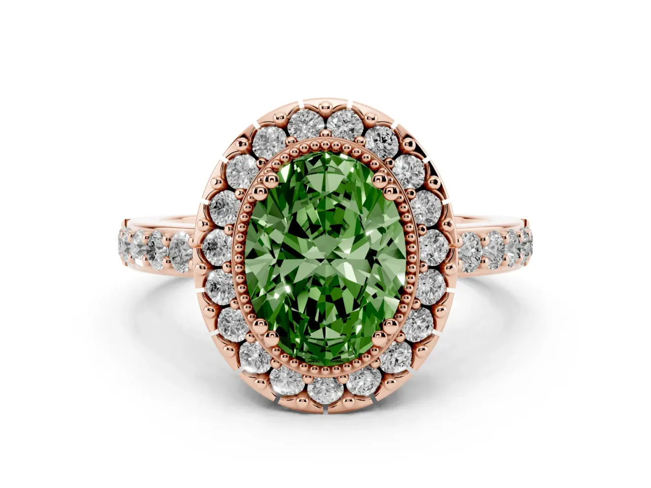 Fancy Green Oval Cut Diamond Halo Ring Set in Rose gold with Pavé Shank and Prong Setting