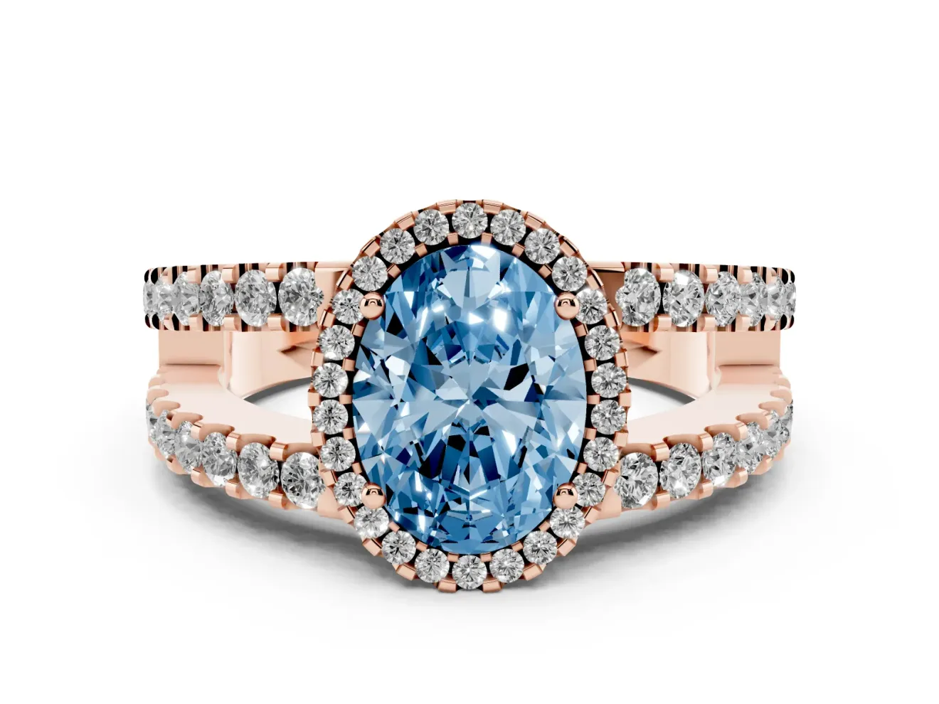 Fancy Blue Oval Cut Diamond Halo Ring Set in Rose gold with Pavé Split Shank and Prong Setting