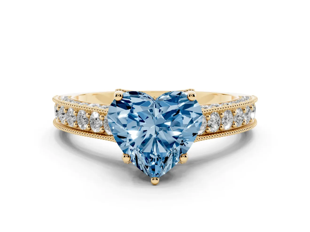Heart-Shaped Hidden Halo Engagement Ring Setting for a Fancy Blue Lab-Grown Diamond | Milgrain Pave | Yellow Gold