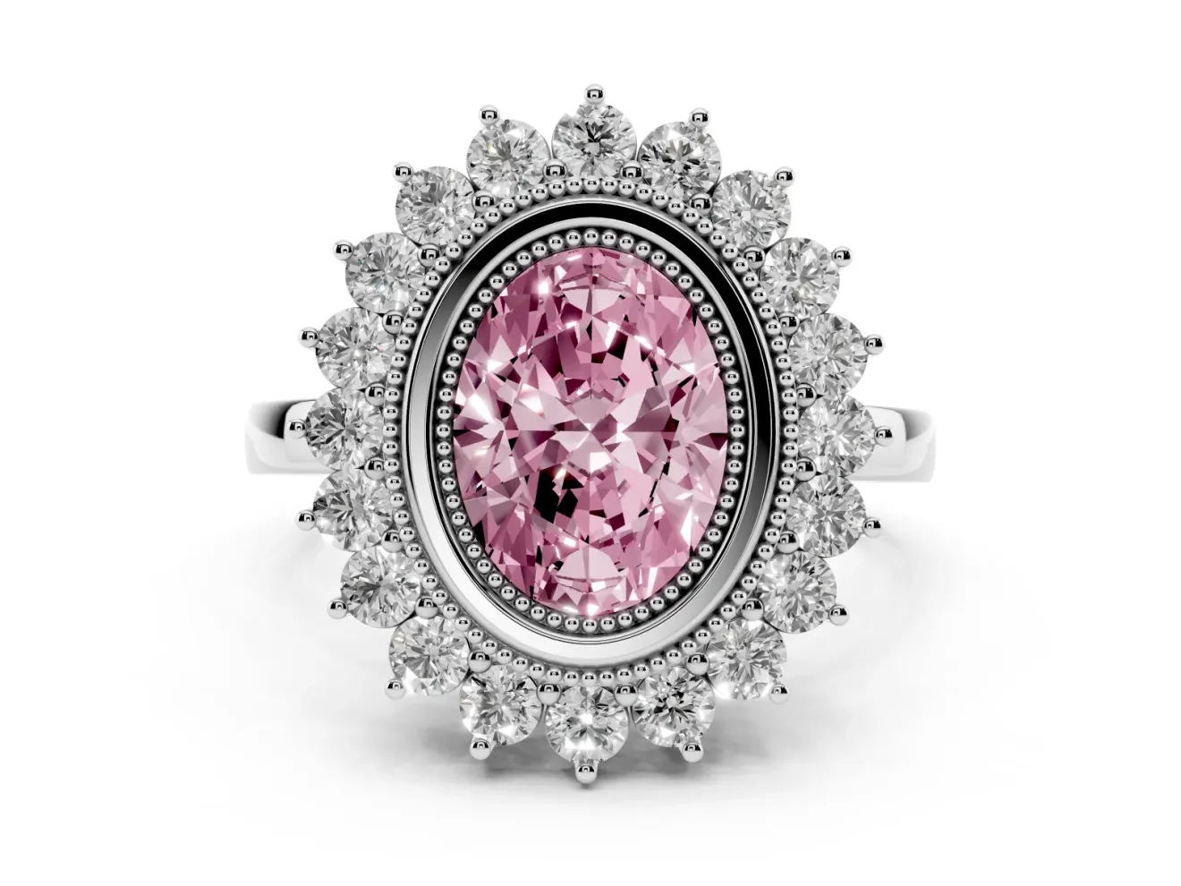 Fancy Pink Oval Cut Diamond Halo Ring Set in Platinum with Milgrain Edge and Round Prong Setting