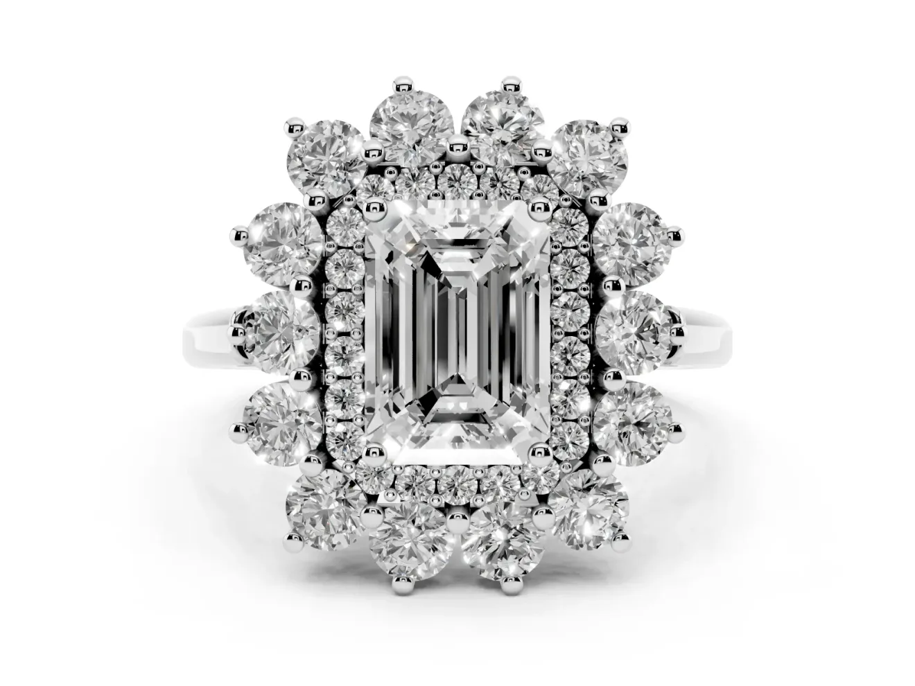 Emerald Cut Floral Double Halo Engagement Ring Setting | Plain Band | White Gold