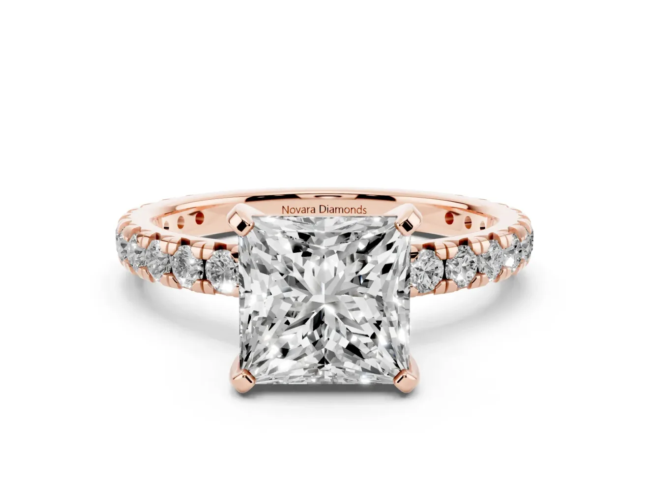 Princess Cut Diamond Pavé Solitaire Ring Set in Rose gold with Round Band and Prong Setting