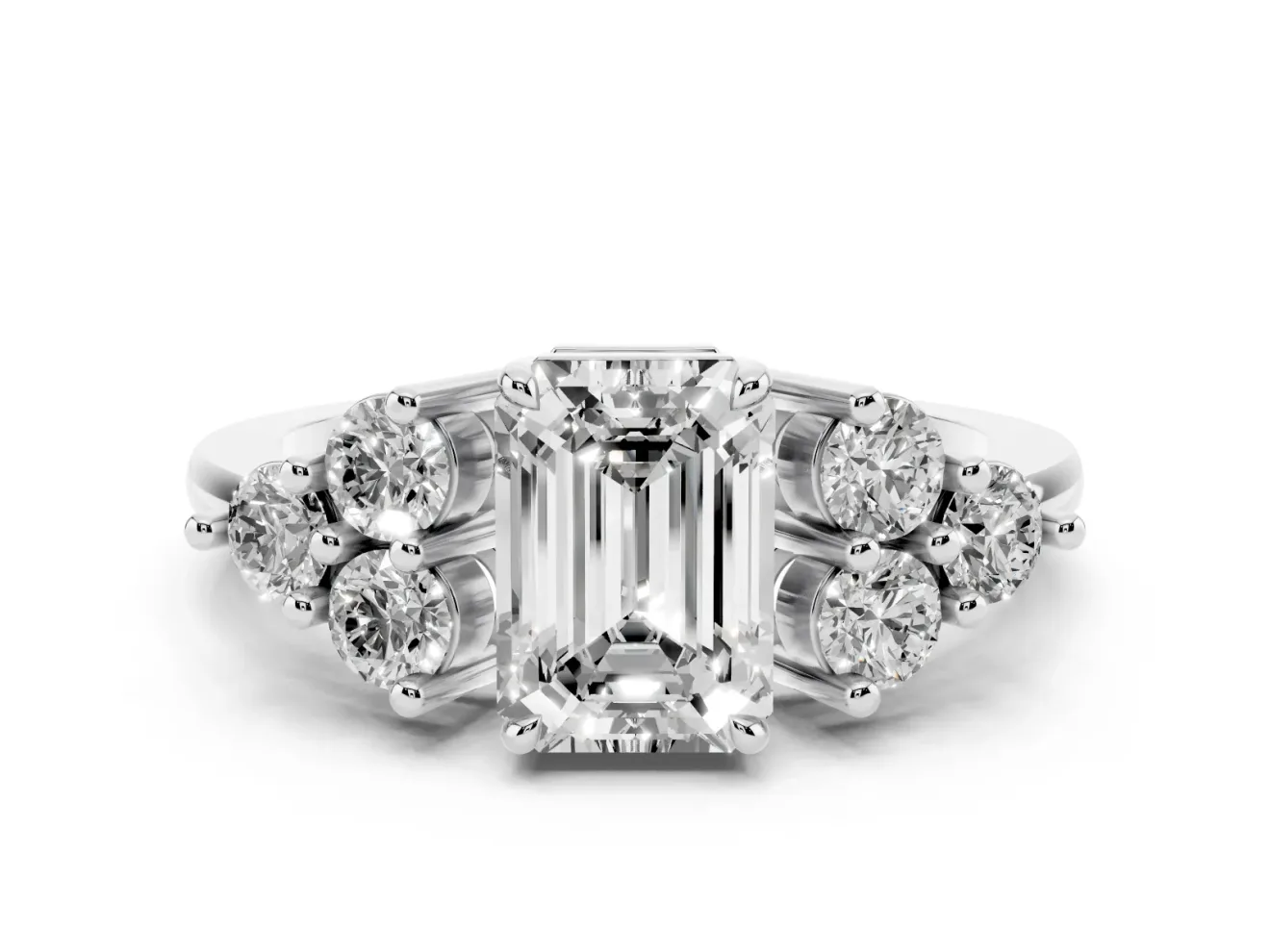 Emerald Cut Diamond Solitaire Ring Set in Platinum with Cluster Accents on Each Side