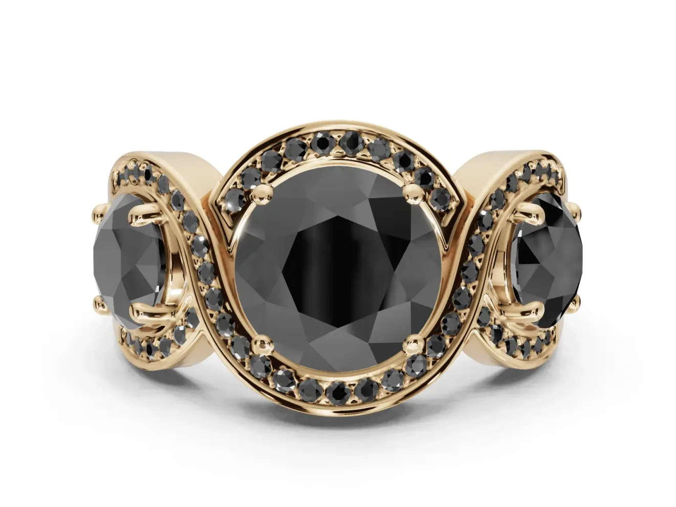 Round Three Stone Halo Engagement Ring Setting for a Black Center | Pavé Wave Band | Yellow Gold