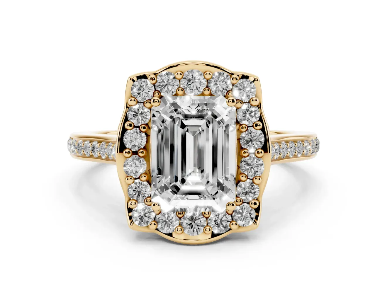 Emerald Cut Petal Tip Halo Engagement Ring Setting | Single Row Pavé Band | Yellow Gold