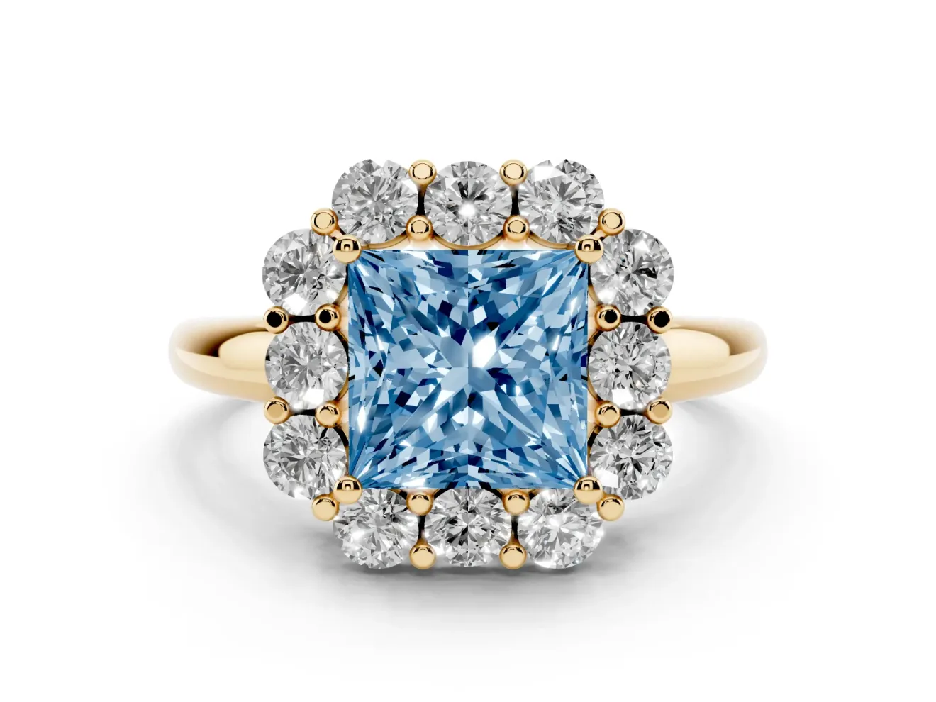 Princess Cut Graduated Milgrain Halo Engagement Ring Setting for a Fancy Blue Lab-Grown Diamond | Yellow Gold