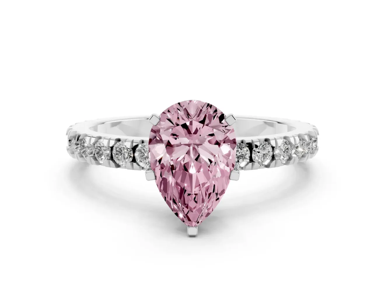 Fancy Pink Pear Cut Diamond Pavé Band Solitaire Set in White gold with Prong Setting