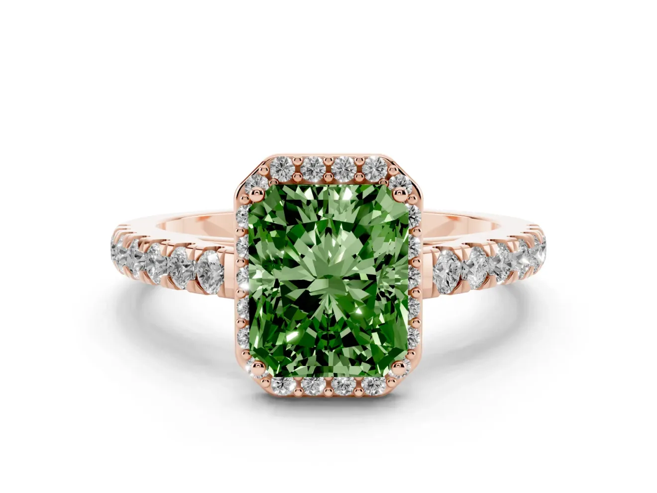 Fancy Green Radiant Cut Diamond Halo Engagement Ring Set in Rose gold with Pavé Band and Prong Setting