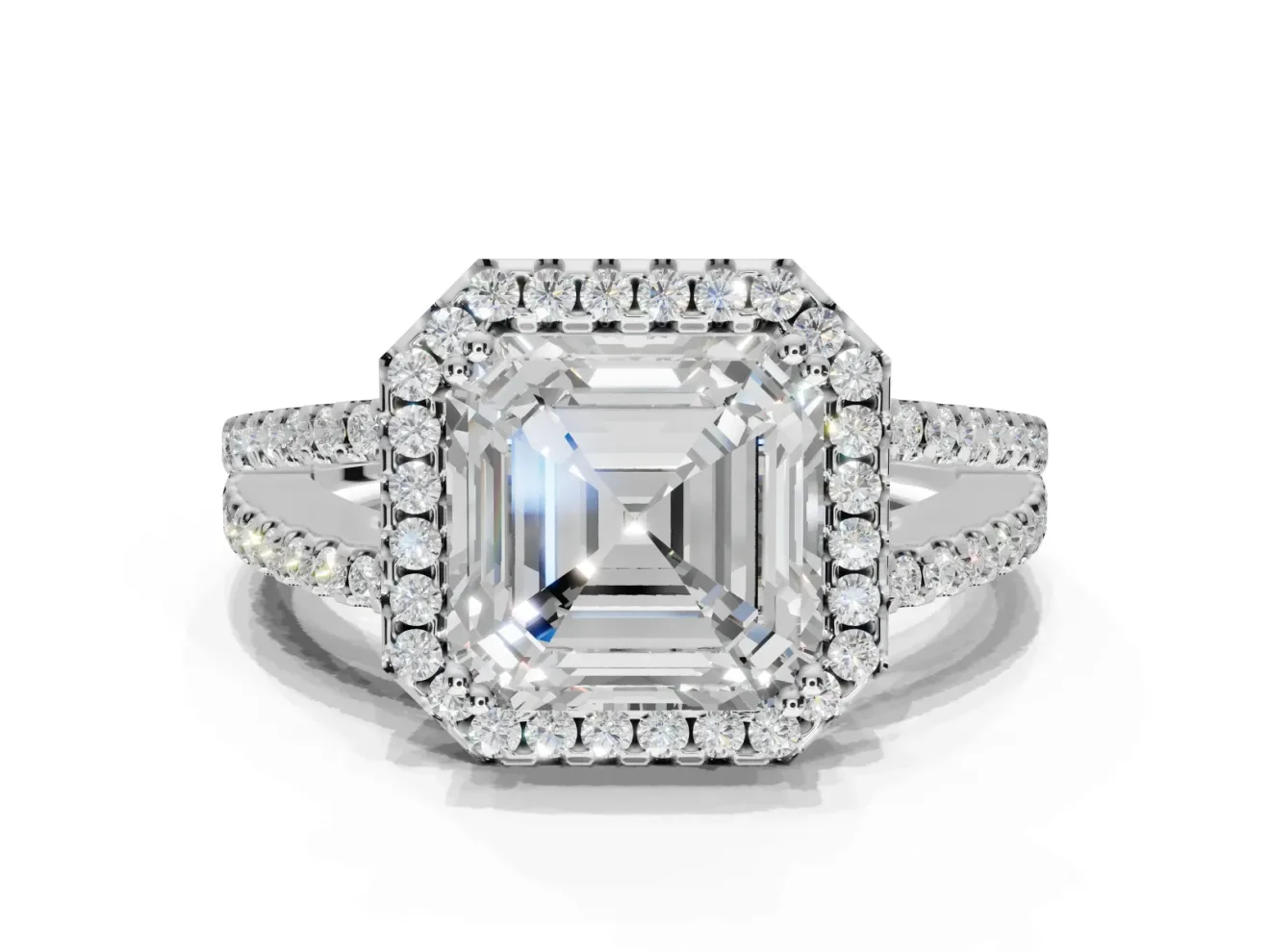 Asscher Cut Halo Split Shank Engagement Ring Setting | Pavé Shoulders | Sterling Silver