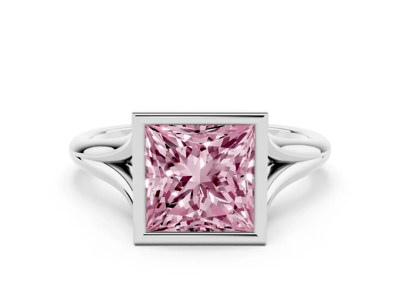 Fancy Pink Bezel Set Princess Cut Diamond Solitaire Ring Set in White gold with Tapered Band