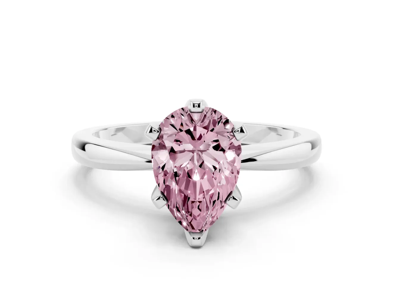 Fancy Pink Pear Cut Diamond Solitaire Engagement Ring Set in Platinum with Slim Tapered Solitaire Band