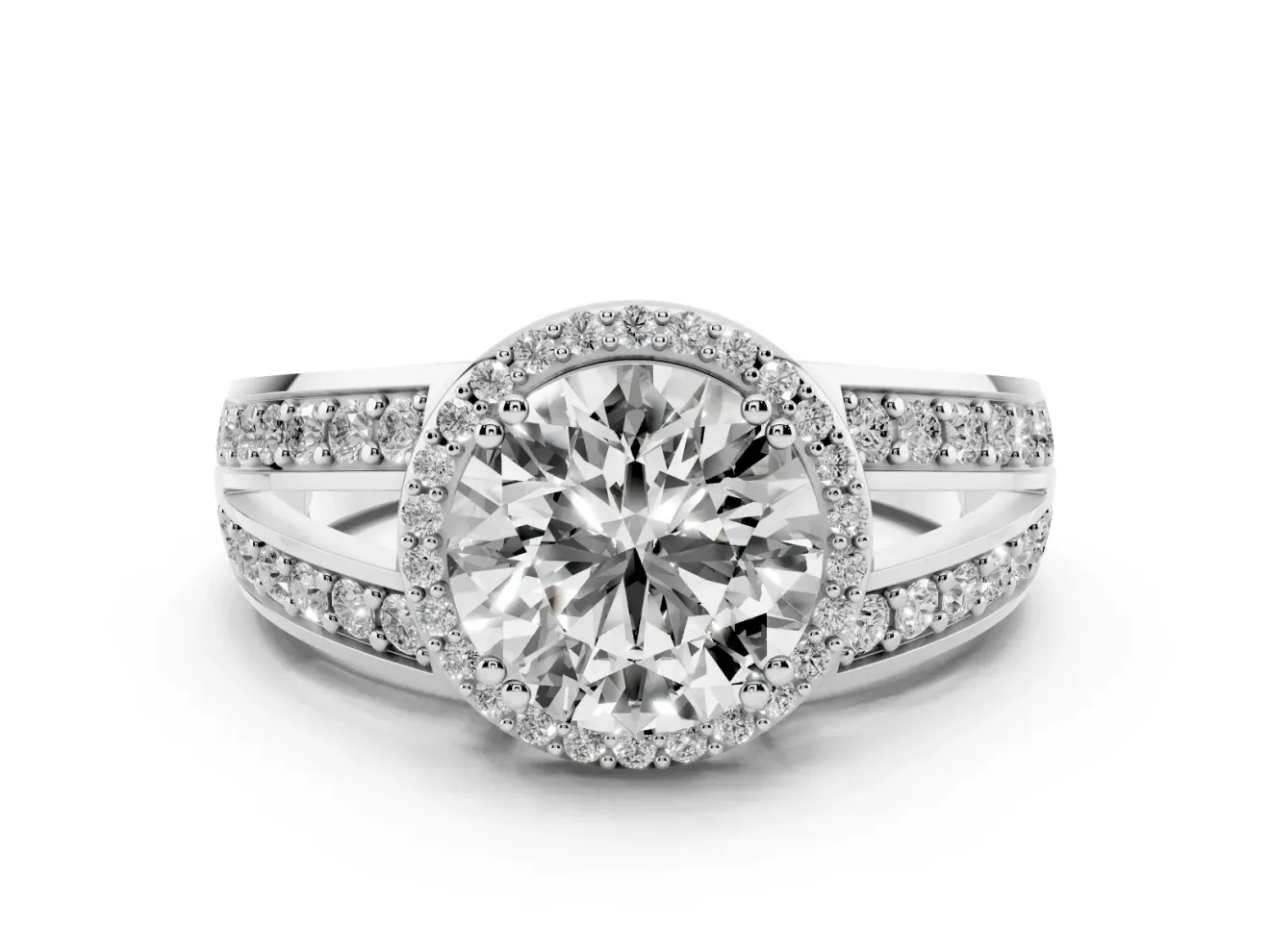 Round Halo Engagement Ring Setting | Two-Row Pave Split Shank | Platinum