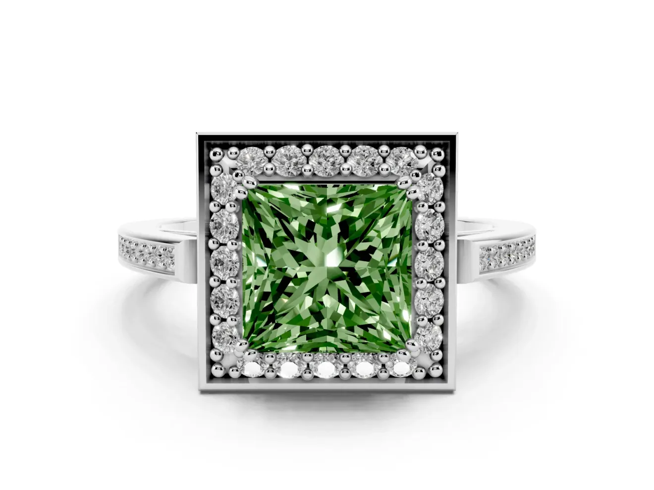 Princess Cut Halo Engagement Ring Setting for a Fancy Green Lab-Grown Diamond | Polished Halo Rim | Platinum