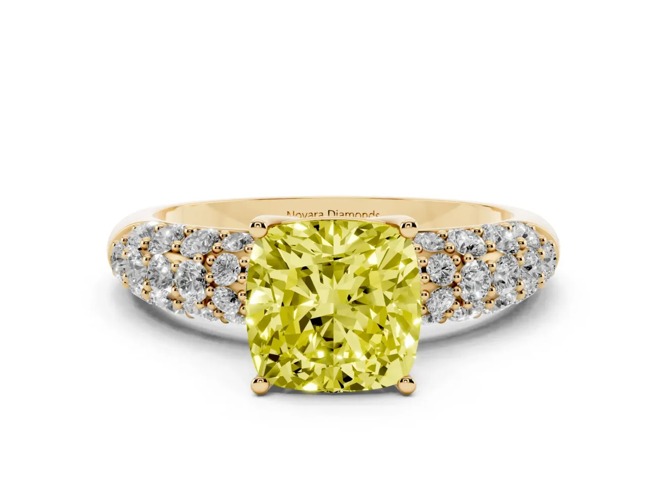 Cushion Cut Close Set Pave Engagement Ring Setting for a Fancy Yellow Lab-Grown Diamond | Multi Row | Yellow Gold