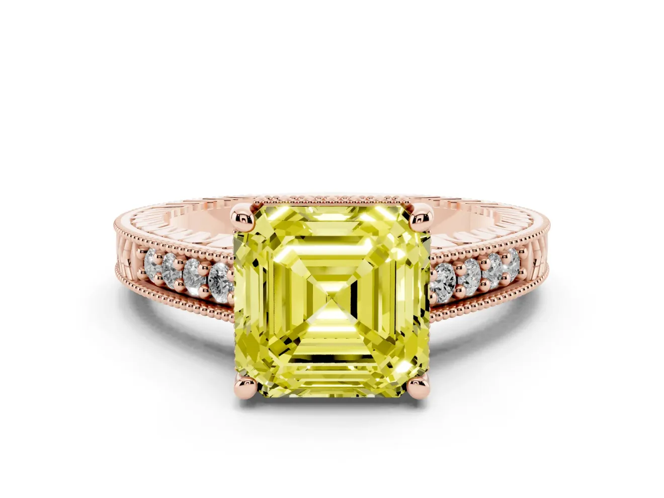Asscher Cut Engraved Engagement Ring Setting for a Fancy Yellow Lab-Grown Diamond | Rose Gold