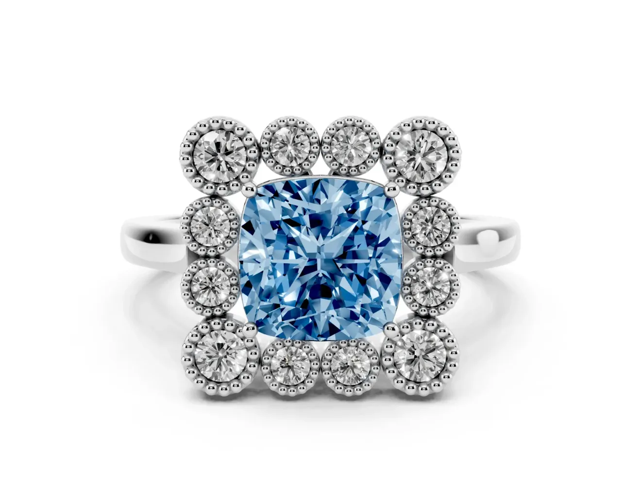 Cushion Cut Milgrain Cluster Halo Engagement Ring Setting for a Fancy Blue Lab-Grown Diamond | Plain Band | Platinum