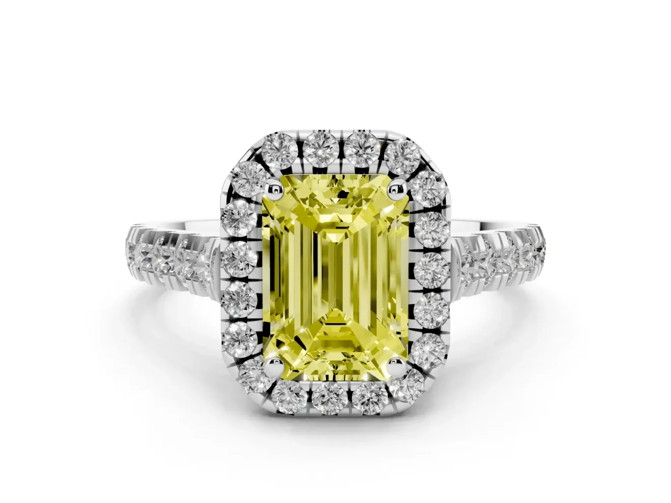 Emerald Cut Accented Halo Engagement Ring Setting for a Fancy Yellow Lab-Grown Diamond | Platinum
