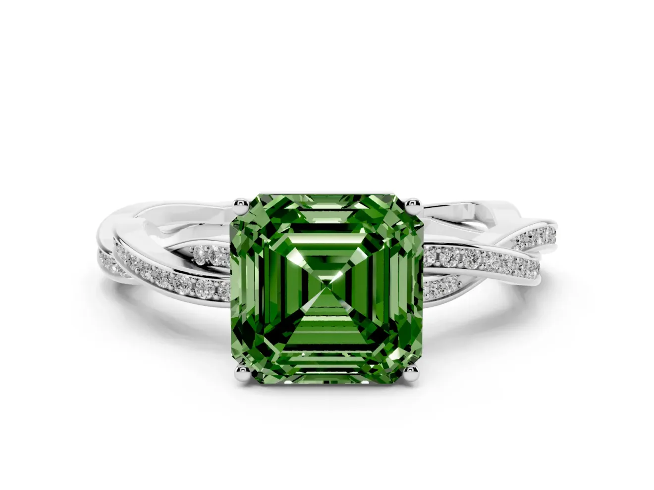 Fancy Green Asscher Cut Diamond Solitaire Twisted Pavé Ring Set in Platinum with Prong Setting