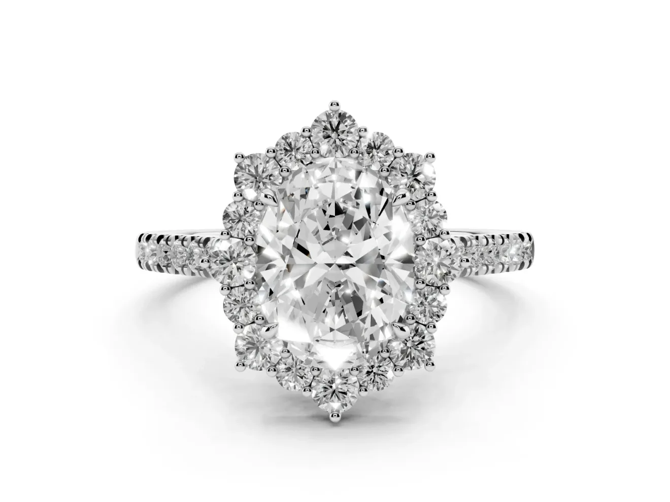 Oval Scalloped Halo Engagement Ring Setting | Single Row Pave | Platinum