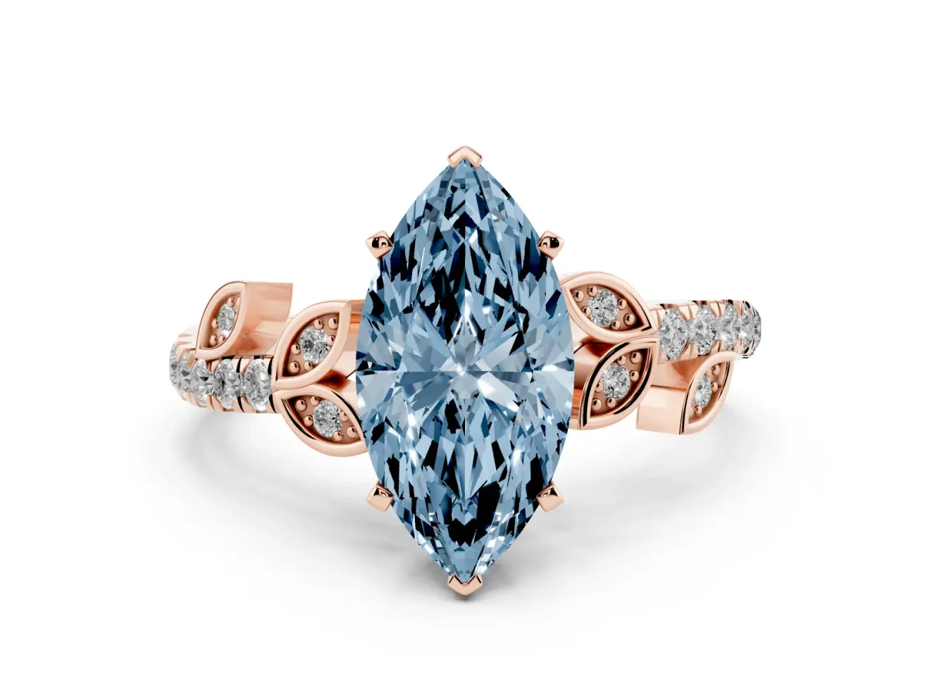 Marquise Leaf Pavé Engagement Ring Setting for a Fancy Blue Lab-Grown Diamond | Rose Gold