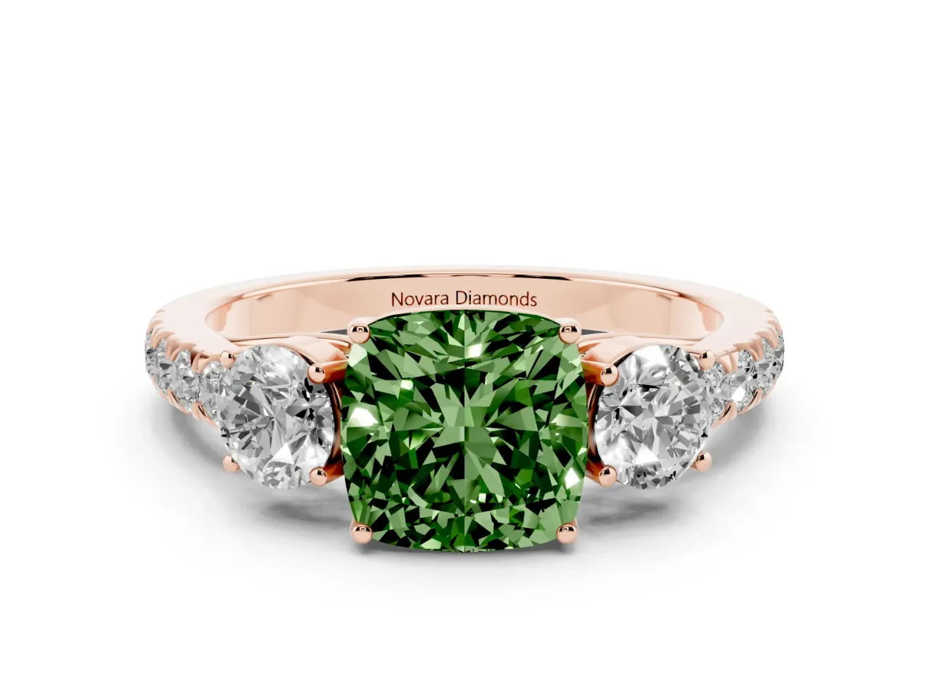 Fancy Green Cushion Cut Diamond Three-Stone Ring Set in Rose gold with Round Side Stones and Delicate Pavé Band