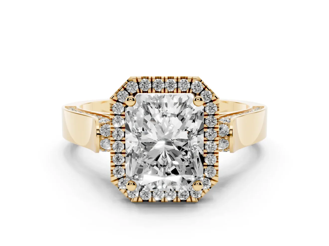 Radiant Cut Halo Engagement Ring Setting | Pavé Panel Shoulders | Yellow Gold
