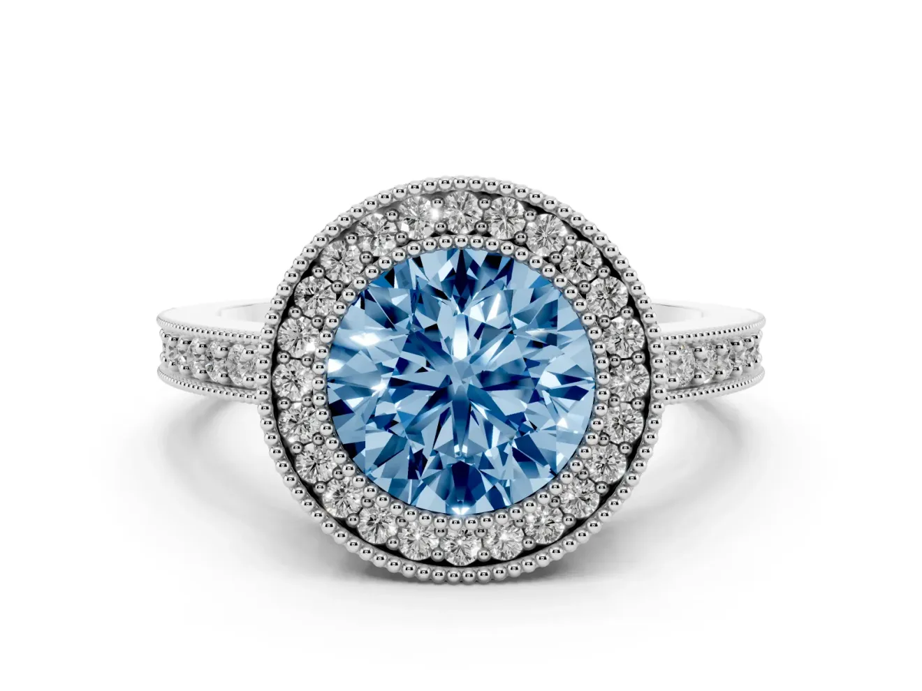 Round Milgrain Halo Engagement Ring Setting for a Fancy Blue Lab-Grown Diamond | Pave Band | Platinum
