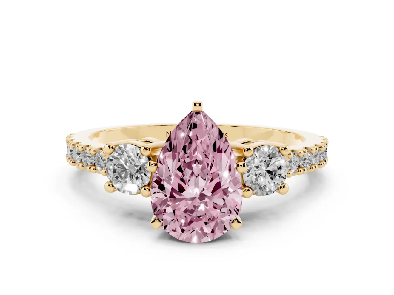 Fancy Pink Three-Stone Pear Cut Diamond Pavé Band Ring Set in Yellow gold with Prong Setting