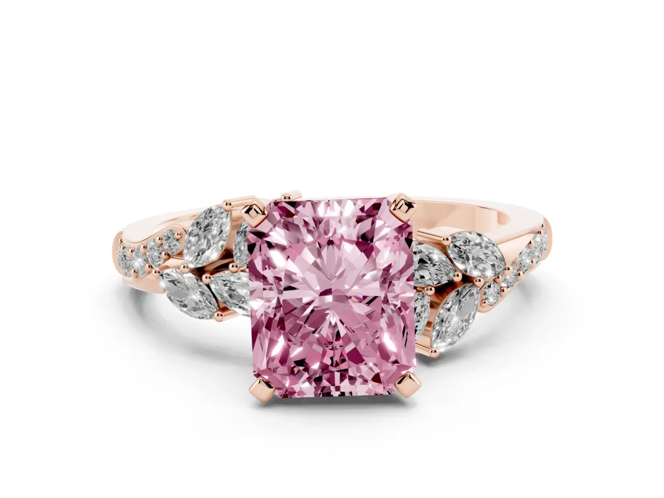 Fancy Pink Radiant Cut Diamond Solitaire Ring Set in Rose gold with Marquise Twist Band and Prong Setting
