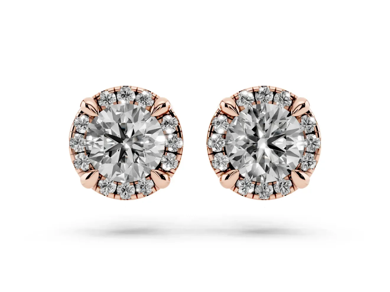 Round Lab-Grown Diamond Pavé Halo Stud Earrings | Accented Head | Rose Gold