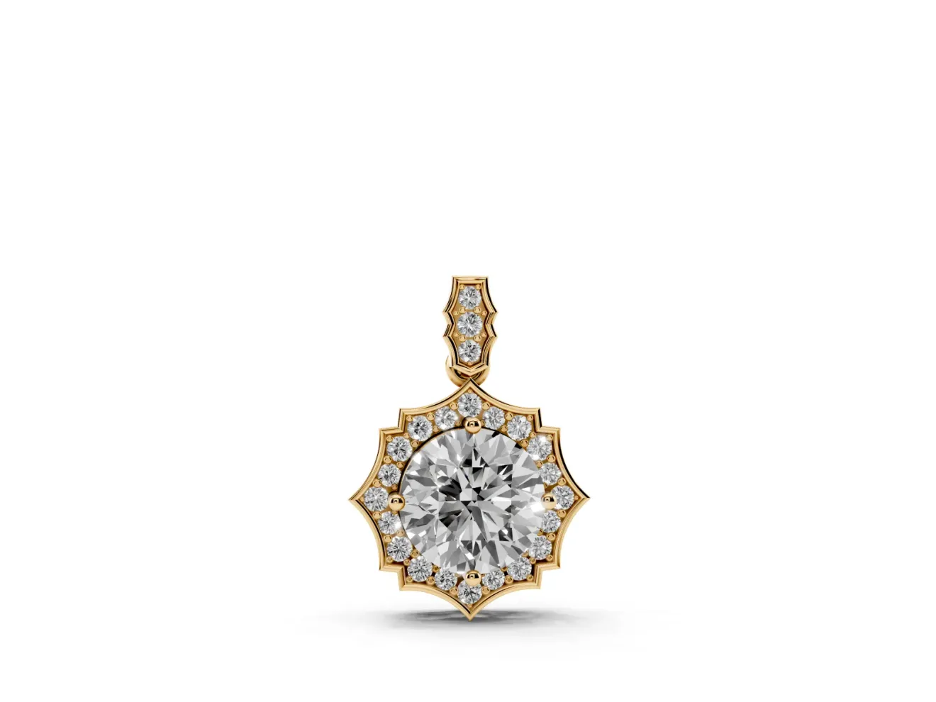 Round Lab-Grown Diamond Pointed Halo Pendant Necklace | Pavé Bail | Yellow Gold