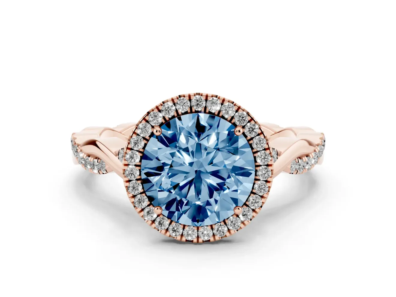 Round Halo Engagement Ring Setting for a Fancy Blue Lab-Grown Diamond | Pavé Twist Band | Rose Gold