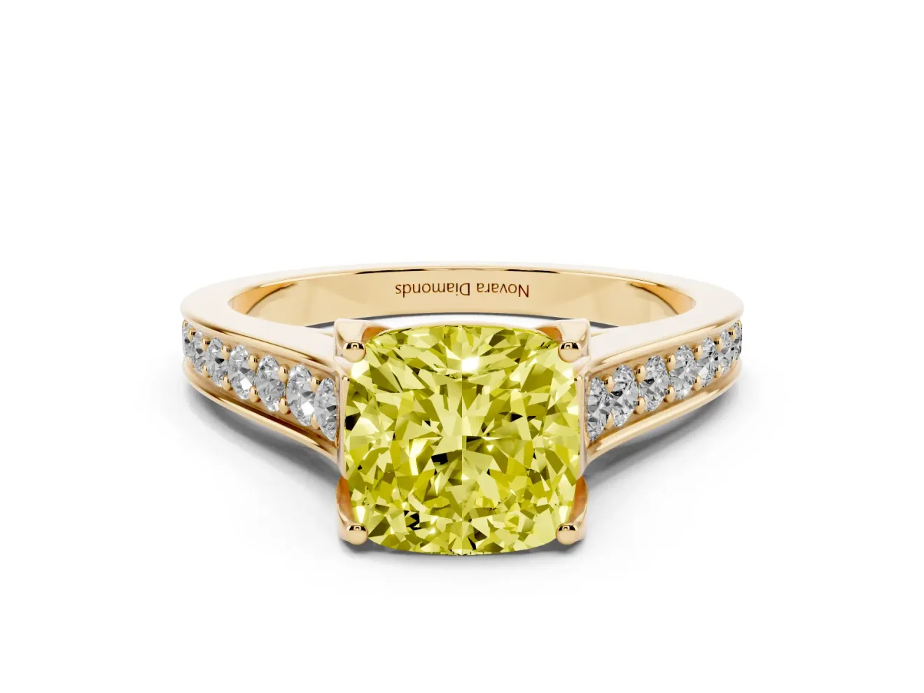 Fancy Yellow Cushion Cut Diamond Solitaire Pavé Engagement Ring Set in Yellow gold with Prong Setting