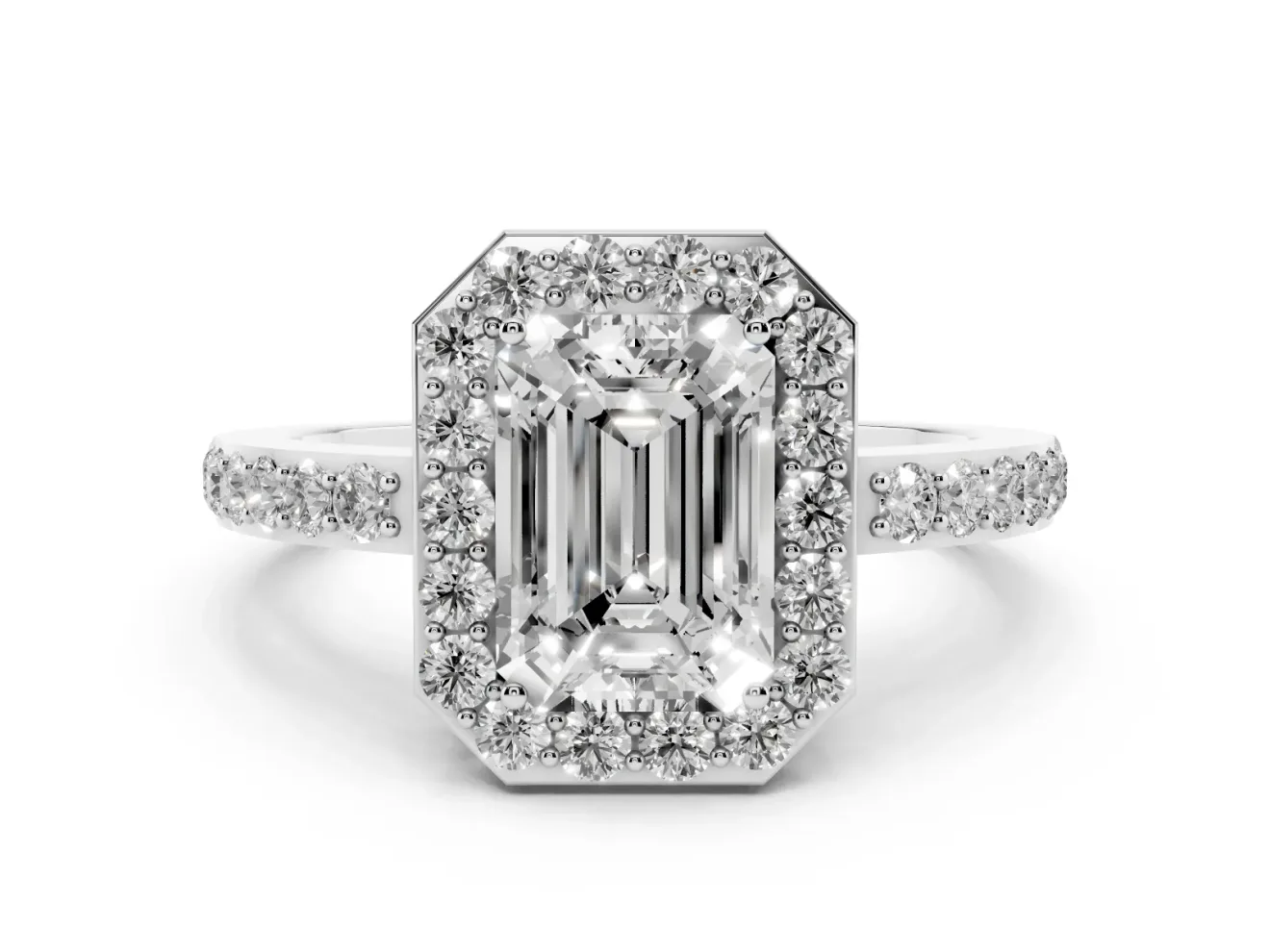 Emerald Cut Diamond Halo Ring Set in Platinum with Pavé-Setting Band and Open Prong Center