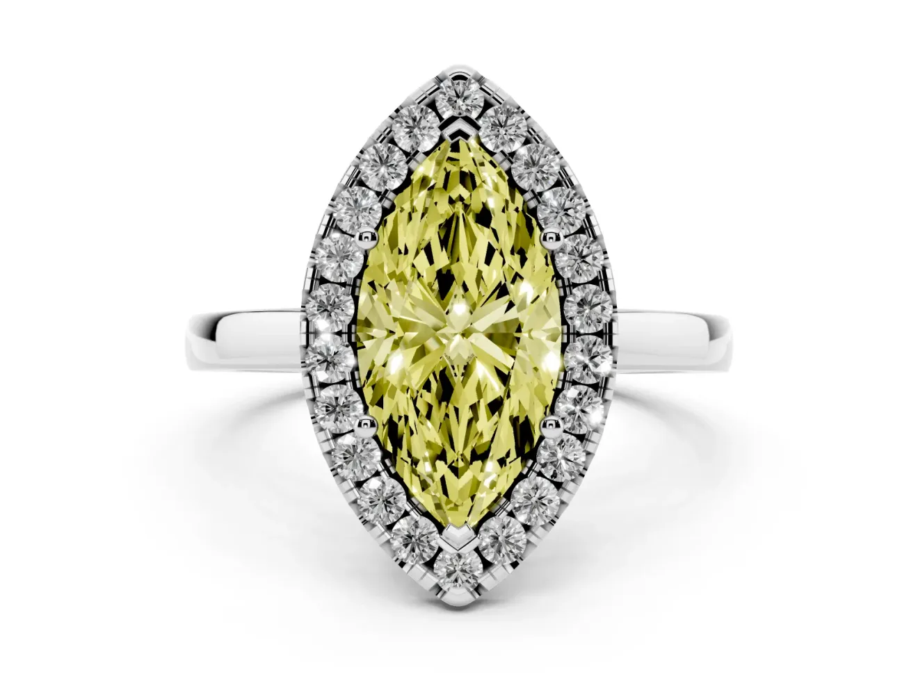 Fancy Yellow Marquise Cut Diamond Halo Solitaire Ring Set in Platinum with Pavé Band and Prong Setting