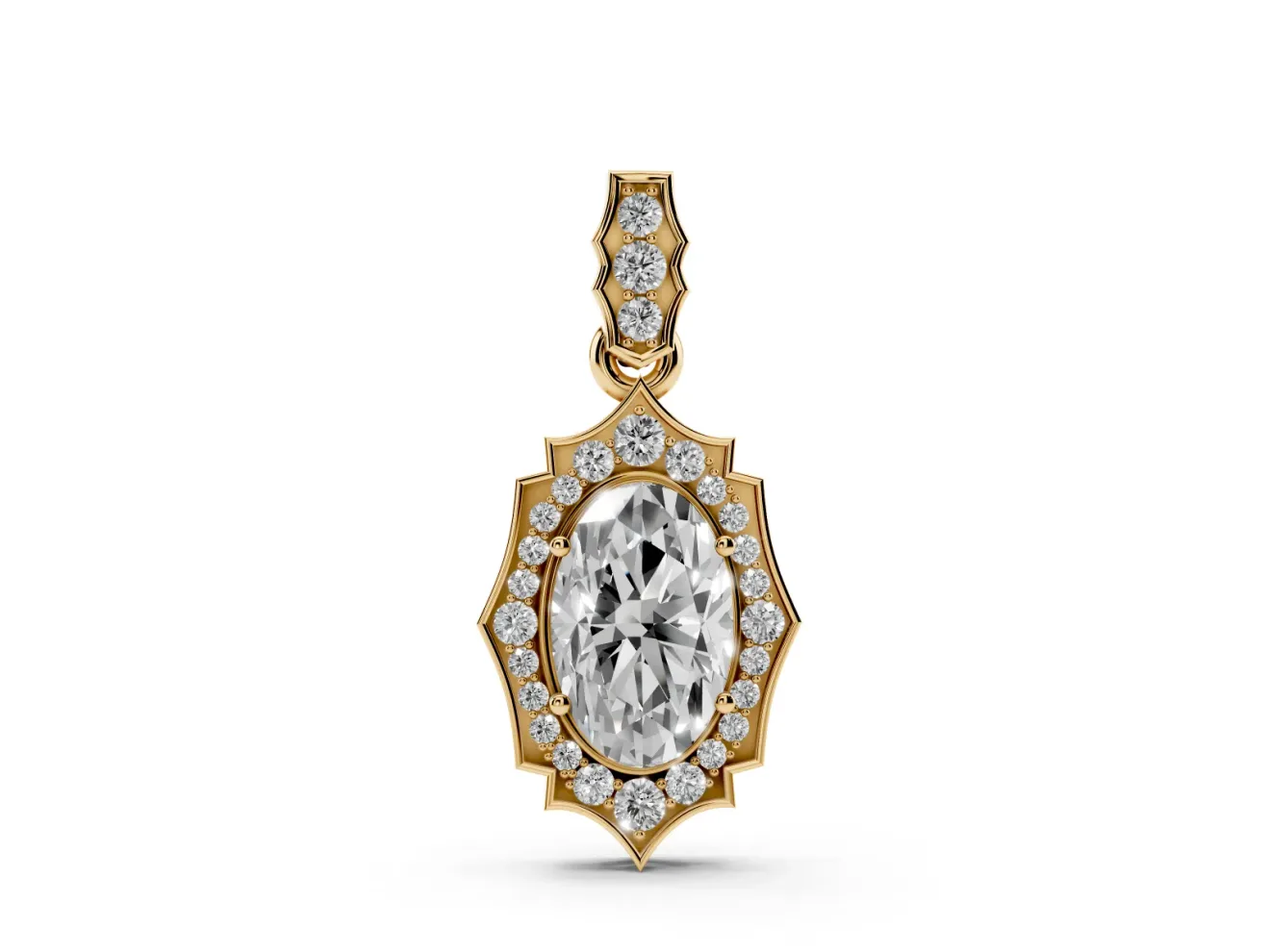 Oval Lab-Grown Diamond Art Deco Halo Pendant Necklace | Scalloped Frame | Yellow Gold