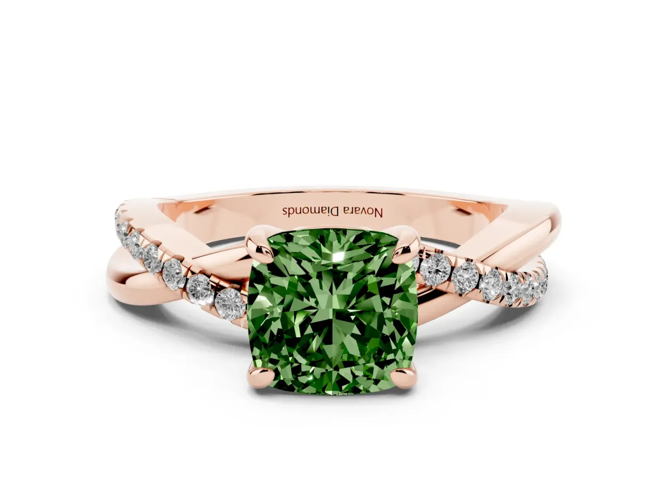 Fancy Green Cushion Cut Diamond Twist Band Solitaire Set in Rose gold with Pavé Accents and Prong Setting