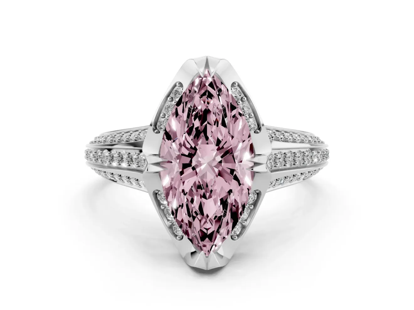 Fancy Pink Marquise Cut Diamond Pavé Split Shank Solitaire Ring Set in White gold with Prong Setting