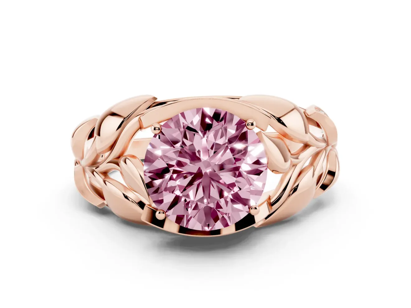 Fancy Pink Round Cut Diamond Leaf-Inspired Engagement Ring Set in Rose gold with Round Accents