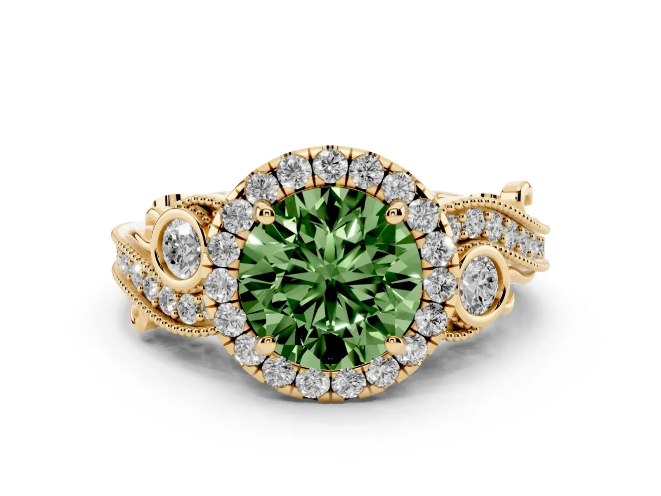 Round Vintage Halo Engagement Ring Setting for a Fancy Green Lab-Grown Diamond | Bezel Shoulder Accents | Yellow Gold