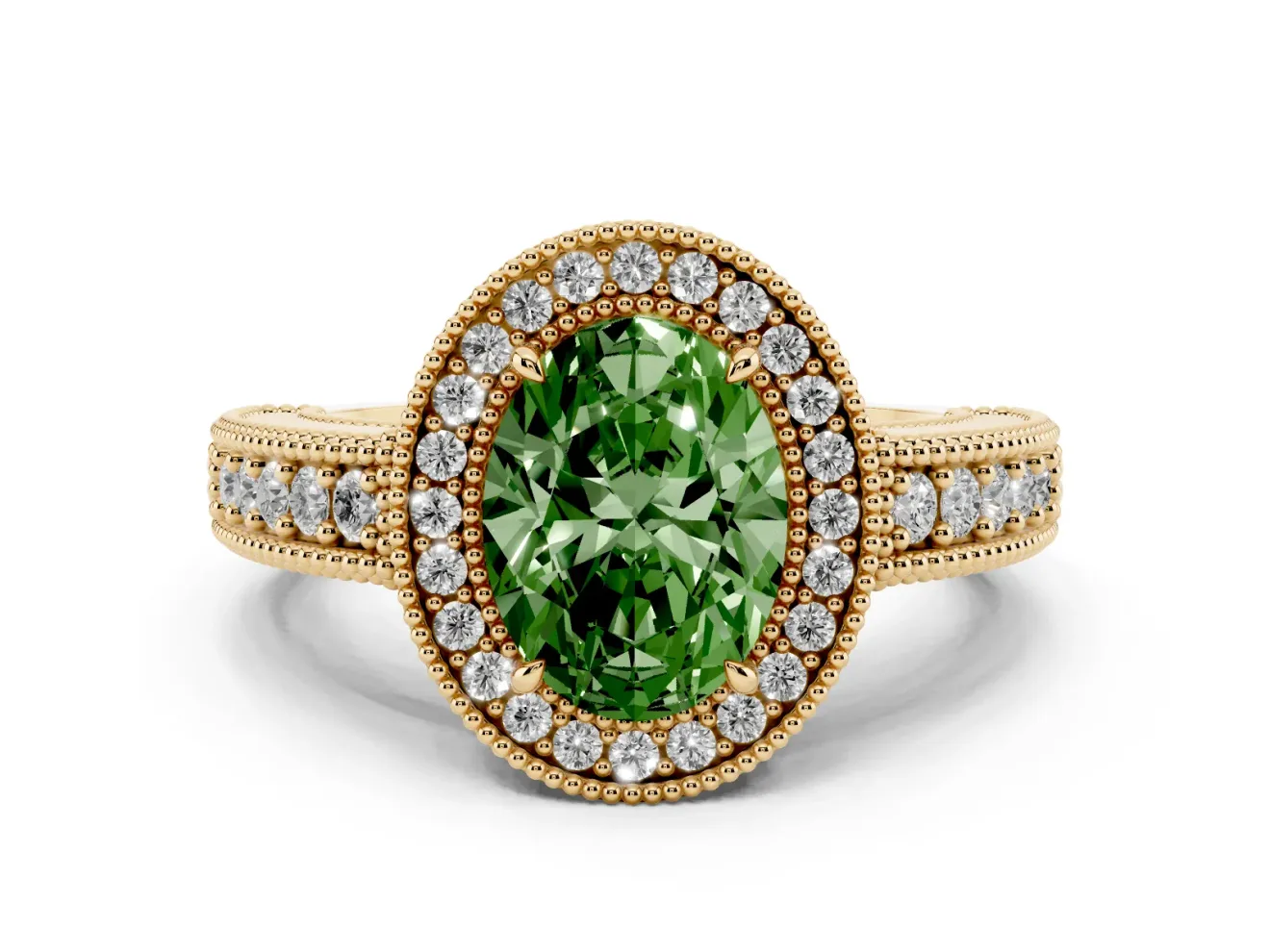 Oval Halo Engagement Ring Setting for a Fancy Green Lab-Grown Diamond | Yellow Gold