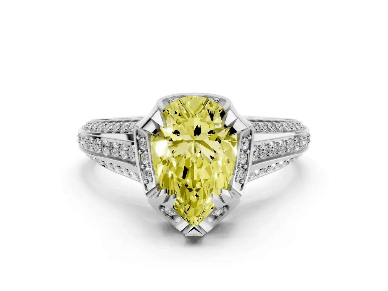 Fancy Yellow Pear Cut Diamond Pavé Split Shank Solitaire Ring Set in White gold with Prong Setting
